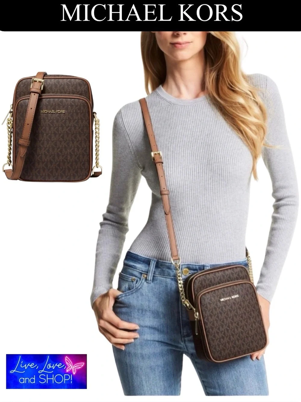 MICHAEL KORS Jet Set Travel Signature PVC Medium Logo Chain Crossbody Bag, EUC